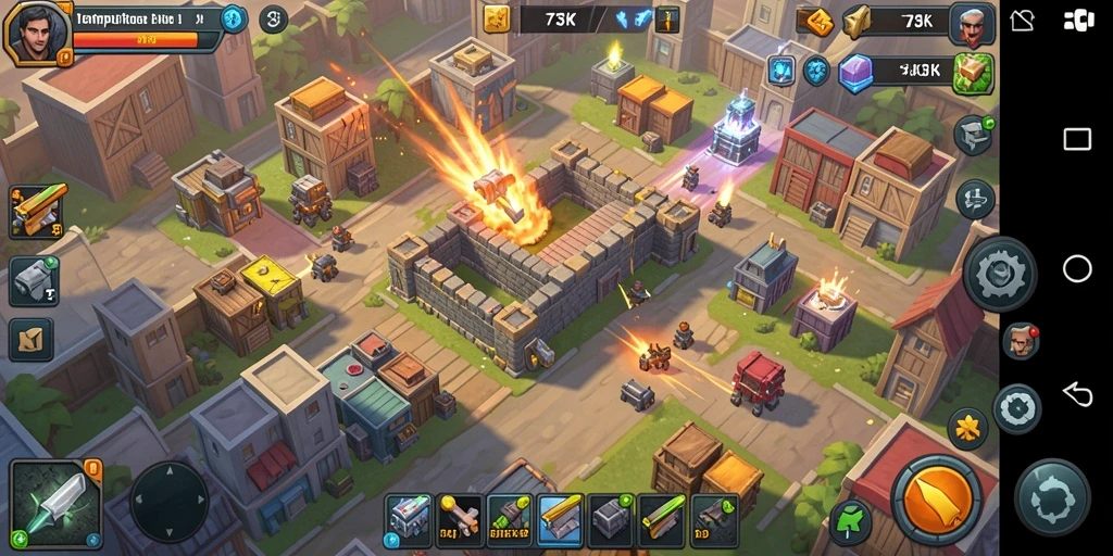 Screenshot utama 73K menunjukkan aksi pertahanan yang intens di dunia Tower Defense.