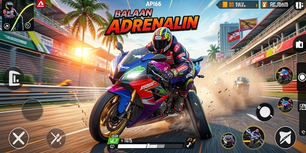 Tangkapan layar utama gameplay balapan motor yang penuh aksi.