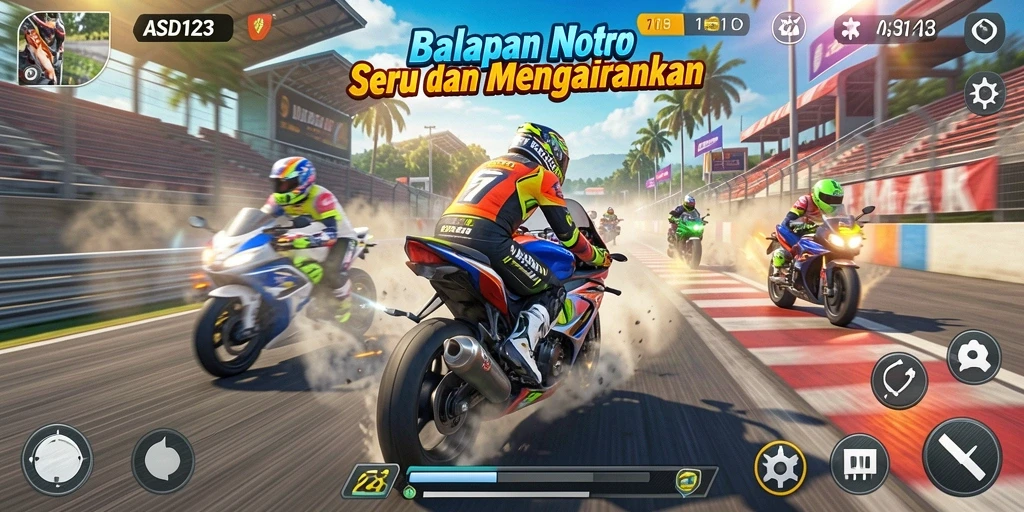 Screenshot gameplay <strong>ASD123</strong> menampilkan aksi balapan motor yang menegangkan.