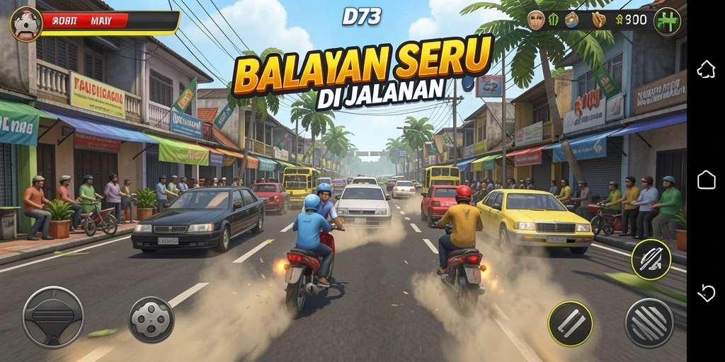 Screenshot dari gameplay D73 menampilkan aksi balapan yang mendebarkan.