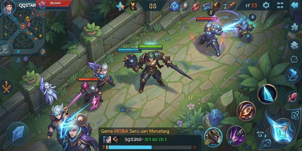 Screenshot gameplay QQSTAR menampilkan aksi seru dan intens di arena MOBA.