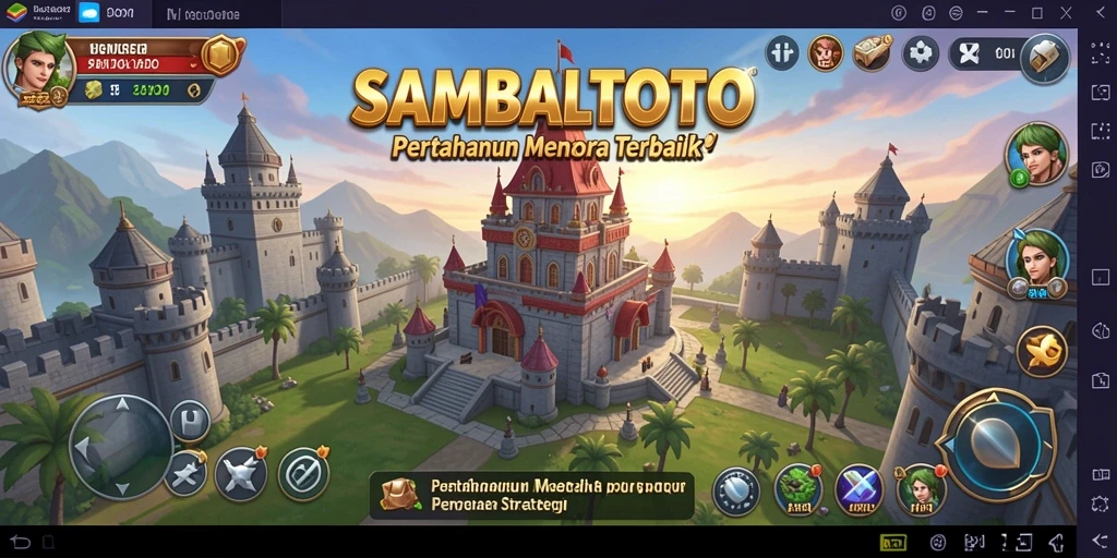 Tampilkan gameplay seru dari SAMBALTOTO dengan menara yang megah dan musuh yang menyerang.